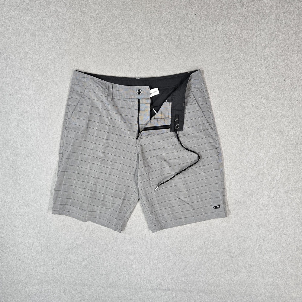 O'Neill Men Shorts 34 Gray Plaid Chino Zipper 9" Inseam Logo Stretch Y2K Skater